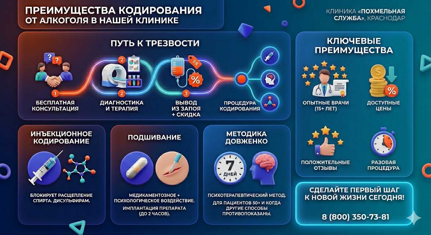 Инфографика о методах кодирования от алкоголя в Тамбове: инъекции, подшивание, метод Довженко. Преимущества клиники и этапы лечения.