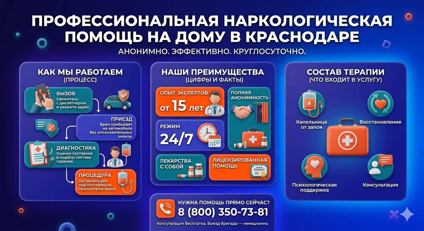 Инфографика о принципах лечения алкоголизма на дому в Тамбове: этапы вызова нарколога, преимущества анонимной детоксикации и состав медицинской помощи.